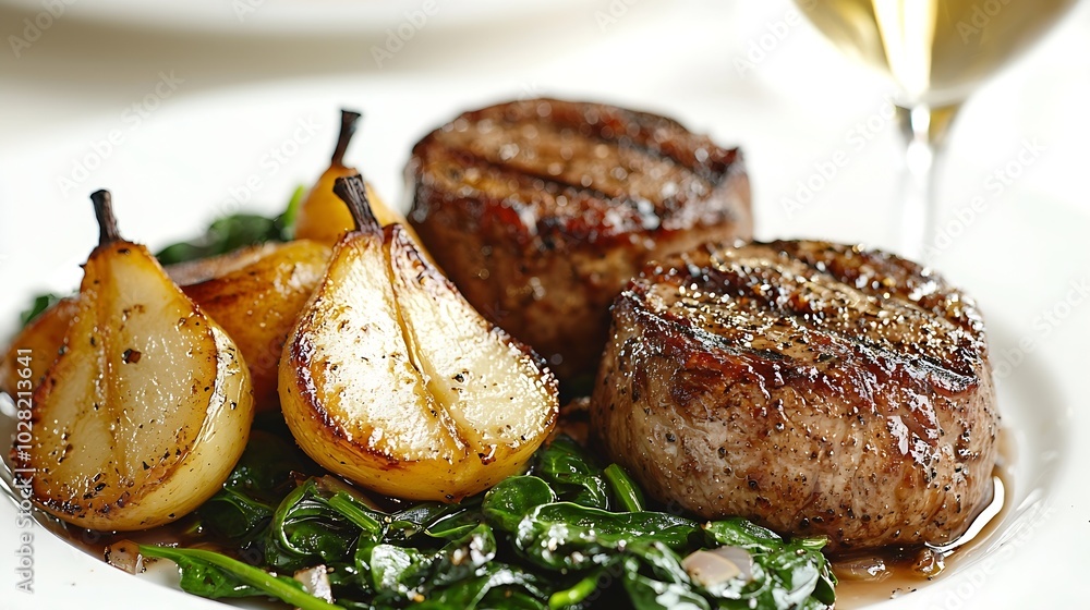 Poster pork tenderloin roasted with pear and onion on a white plate with glass of white wine and fresh spin
