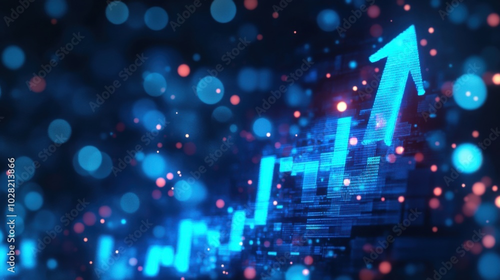 Poster vibrant abstract background featuring glowing blue upward arrow, symbolizing growth and progress ami