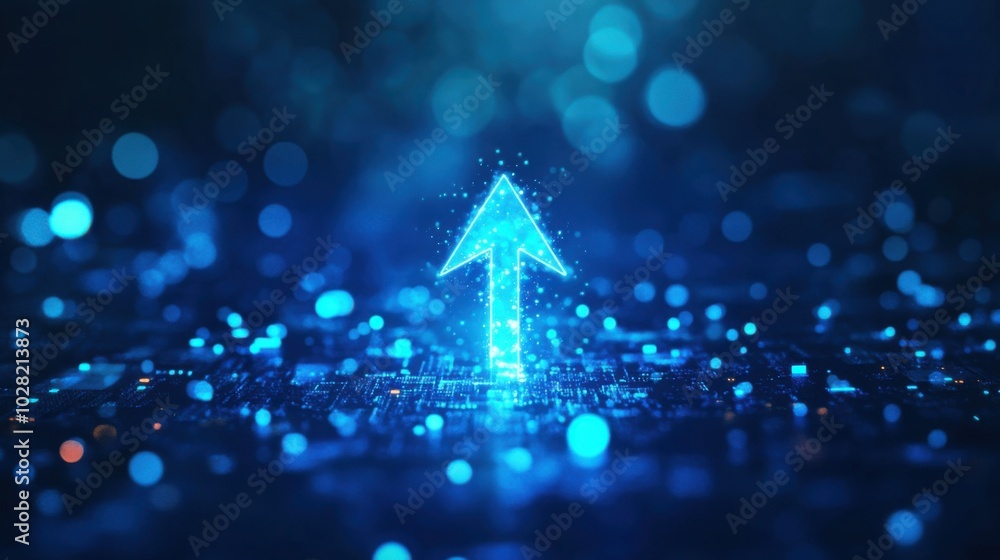 Poster digital abstract background featuring glowing blue upward arrow surrounded by sparkling particles, c