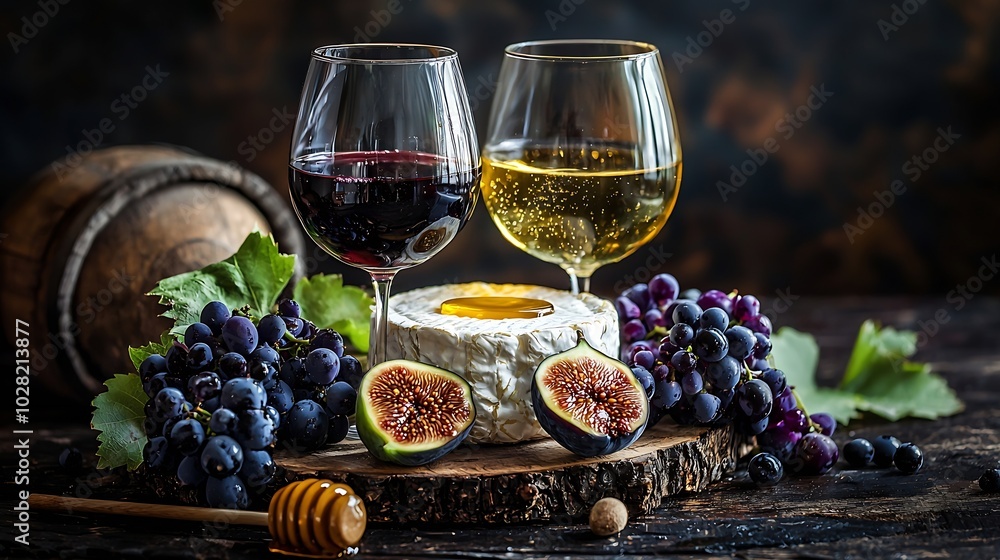 Poster grape cheese figs and honey with a glasses of red and white wine on a stone and wood background : ge