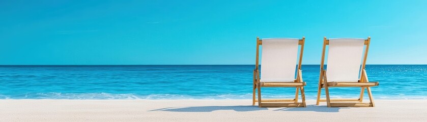 Two empty beach chairs facing the ocean on a serene sunny day.