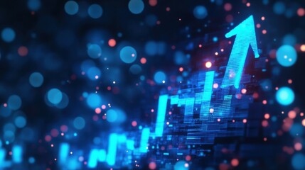 vibrant abstract background featuring glowing blue upward arrow, symbolizing growth and progress amidst backdrop of colorful bokeh lights. image conveys sense of optimism and advancement