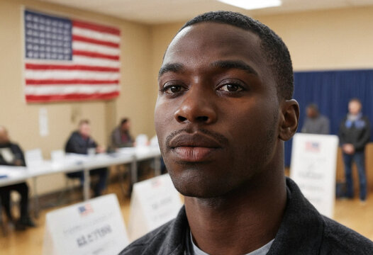 African American man, goes to vote and casts her vote at the polling station, American flag and people blurred in the background, black woman, mature adult 20-30, excited and motivated