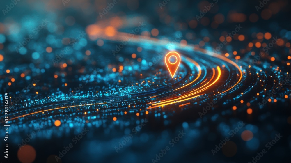 Poster digital map with glowing location pin icon, showcasing vibrant network of lights and pathways. abstr