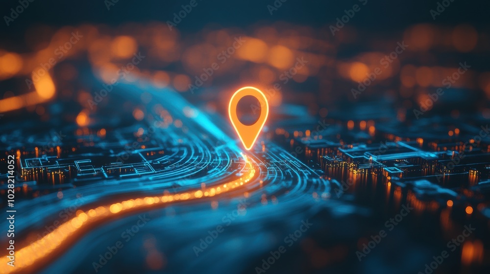 Poster digital map with glowing location pin icon, representing navigation and connectivity. vibrant colors