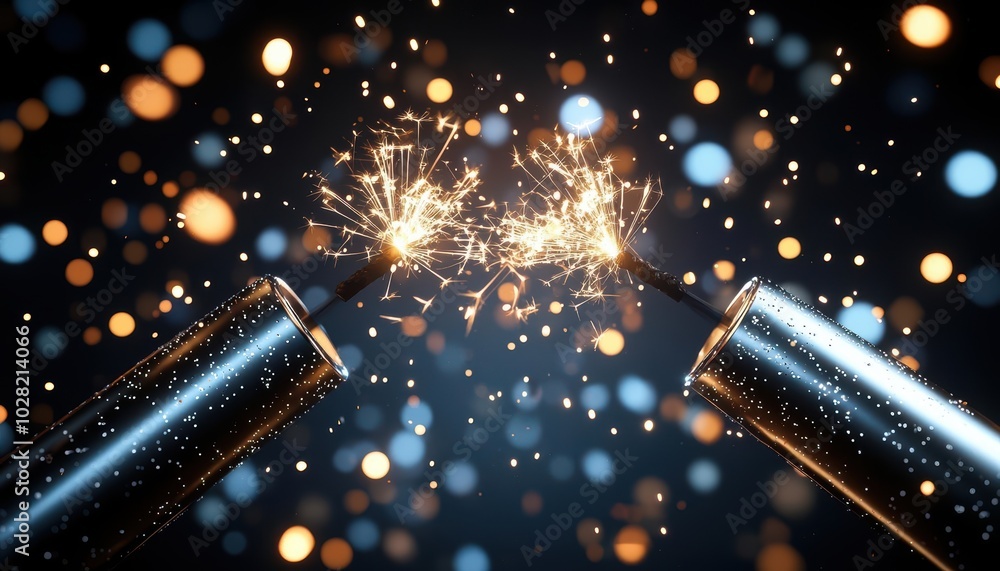 Poster two wires creating sparks with blurred colorful bokeh background.