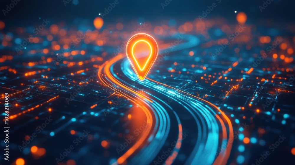 Poster vibrant abstract digital map featuring glowing location pin icon, set against backdrop of illuminate
