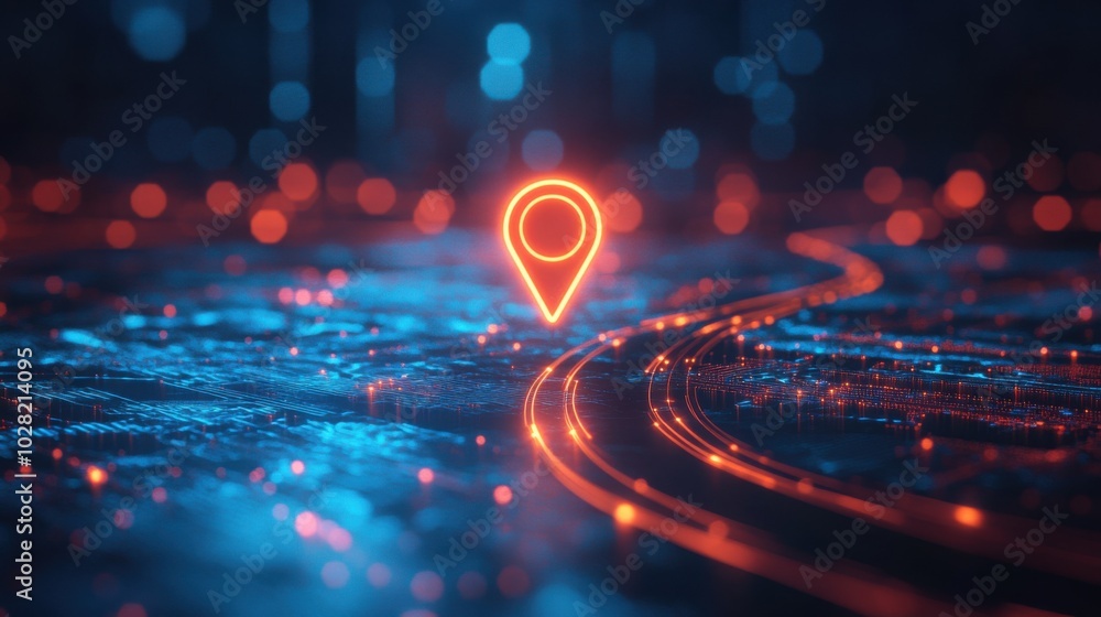 Poster vibrant abstract digital map featuring glowing location pin icon, symbolizing navigation and connect