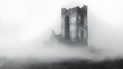 Stone Ruins in a Foggy Field.