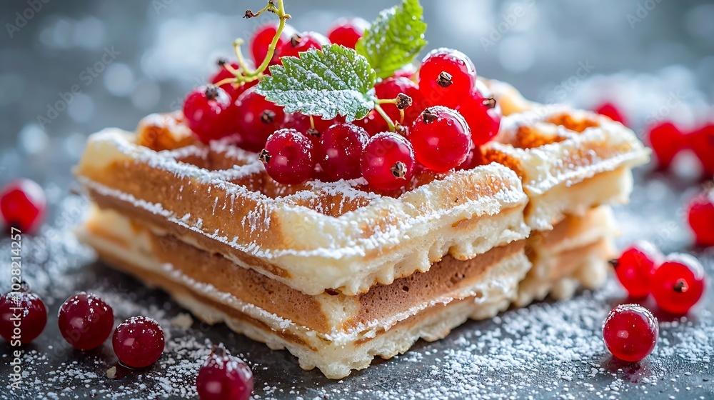 Poster belgian waffles with fresh red currant berries grey background close up : generative ai