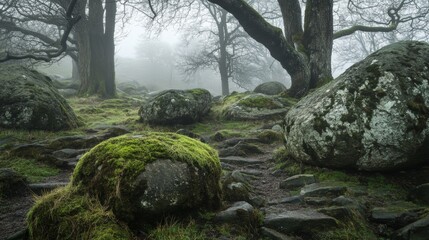 Moss-Covered Boulders in a Foggy Forest