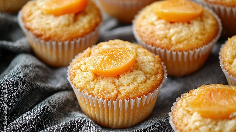 Poster peach cupcakes muffins with cup of tea marble background close up top view : generative ai