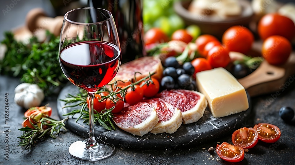 Poster cheese assortment on dark marble cutting board with red wine grey background : generative ai