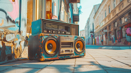 Vintage brightly colored retro 80's style tape recorder in front of a brightly painted graffiti wall.Vibe images evoke a sense of nostalgia, muse and urban culture.80's style boombox