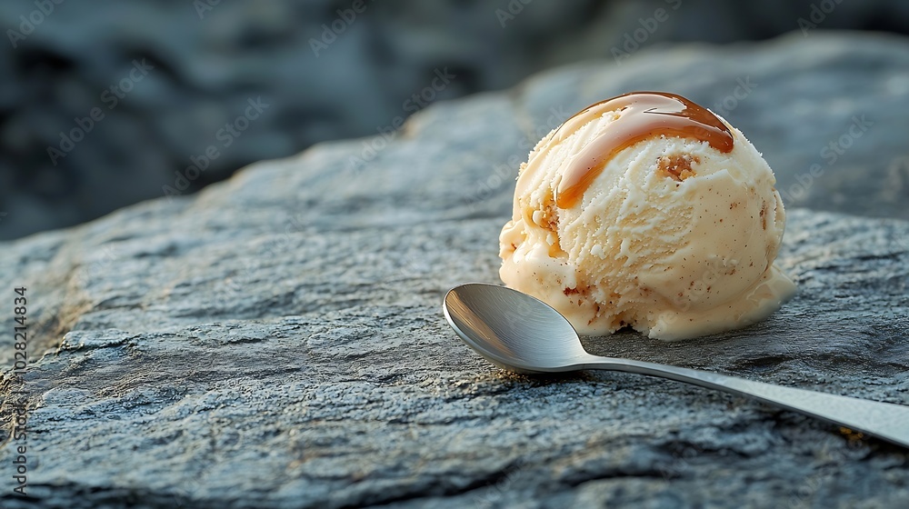 Poster vanila ice cream scoop with caramel topping on grey stone background : generative ai