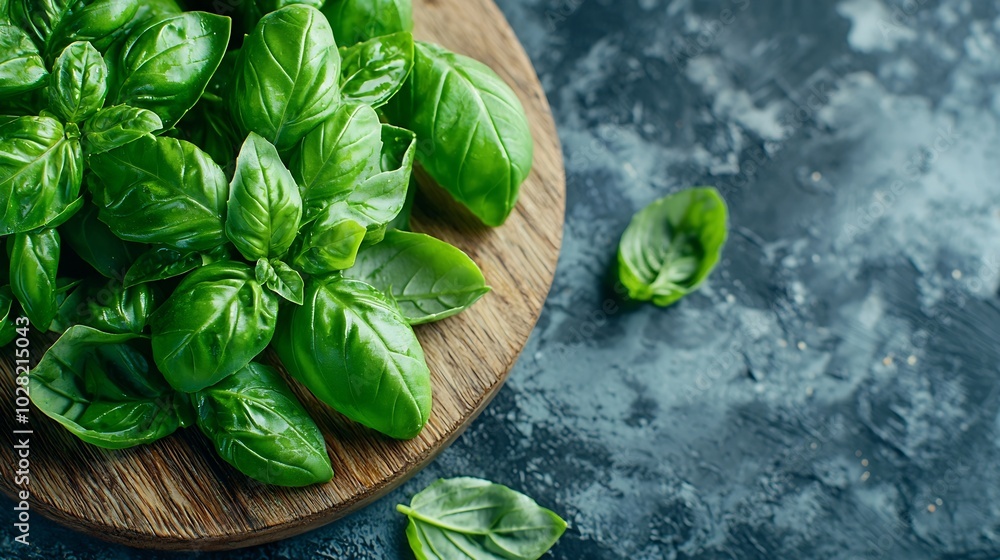 Poster fresh basil on wooden chopping board grey background top view : generative ai