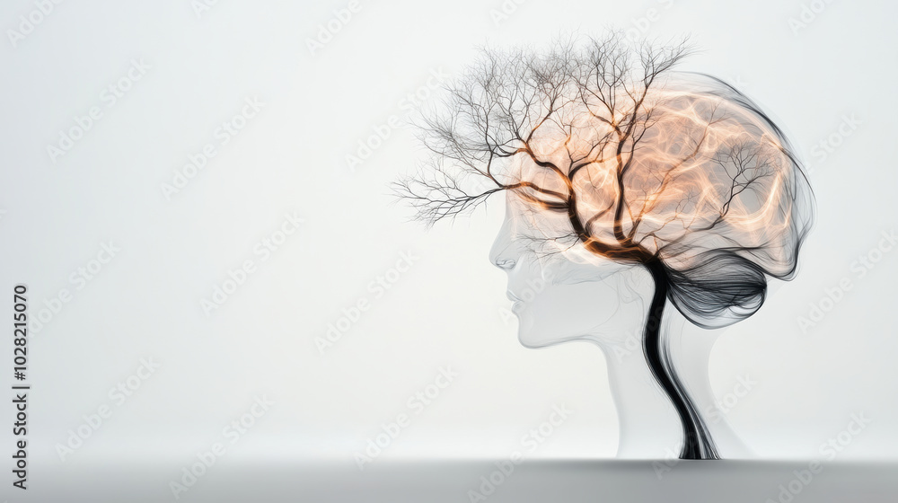 Poster creative representation of brain formed from swirling lines, merging with tree structure, symbolizin
