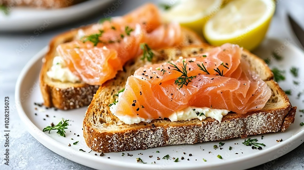 Poster sandwich toast with smoked salmon and cream cheese on white plate marble background copy space : gen