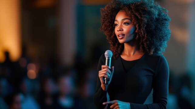 confident young woman speaks passionately into microphone, captivating her audience with her presence and eloquence. Her curly hair adds to her vibrant personality