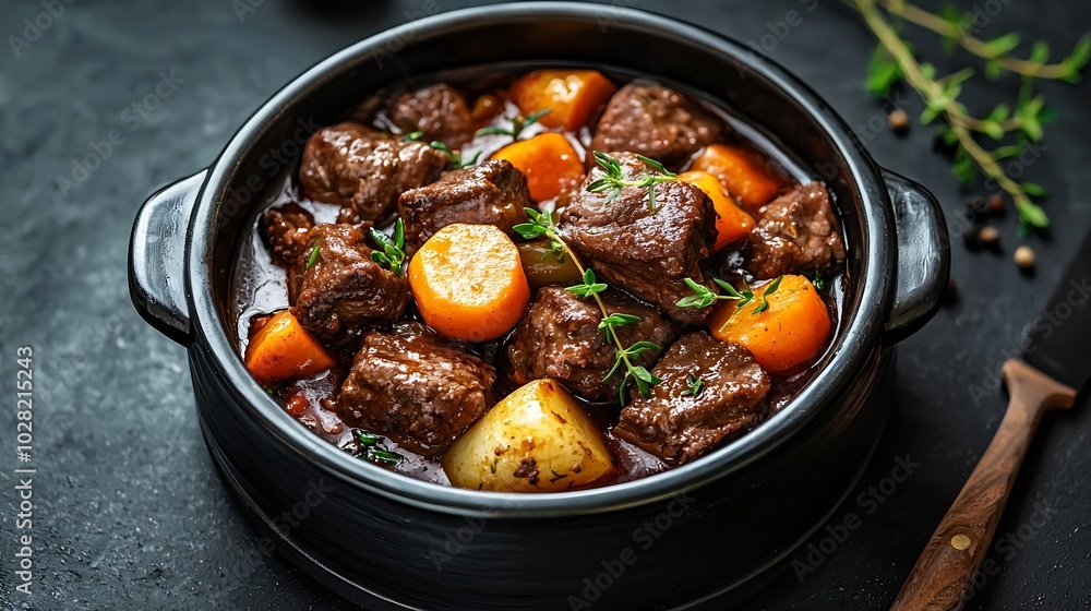 Poster beef bourguignon stew with vegetables close up top view : generative ai