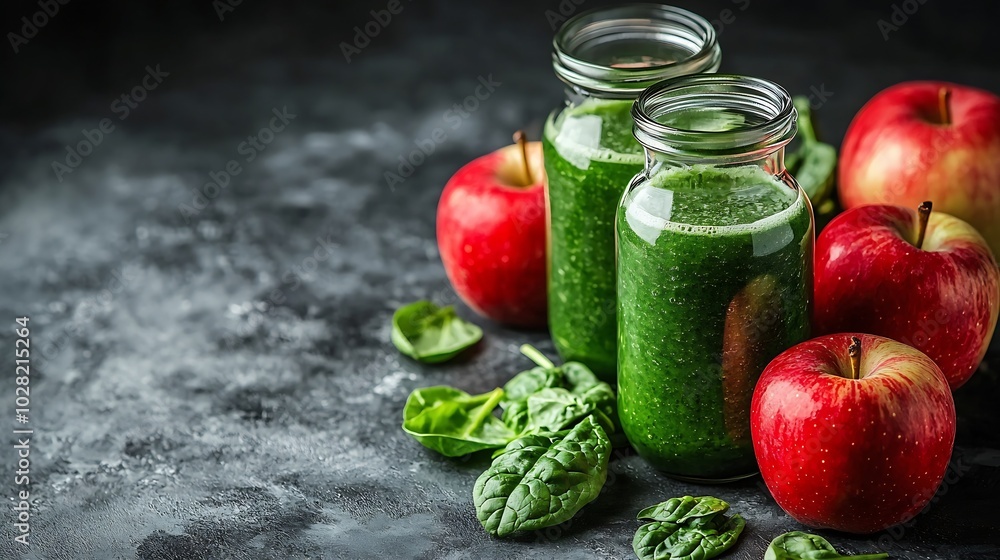 Aufkleber apple and spinach smoothie healthy drink in glass jar on grey stone background : generative ai
