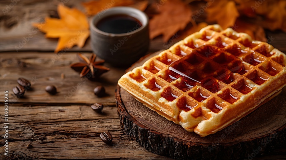 Poster fresh waffles with maple syrup and coffee on a wooden background : generative ai