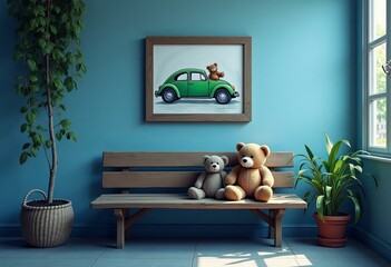 A framed picture of a car and a teddy bear on a bench 