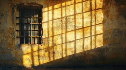 Obraz premium A Barred Window Casts a Shadow on a Weathered Wall