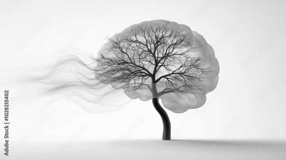 Poster unique representation of brain formed from swirling lines, merging with tree, symbolizing connection