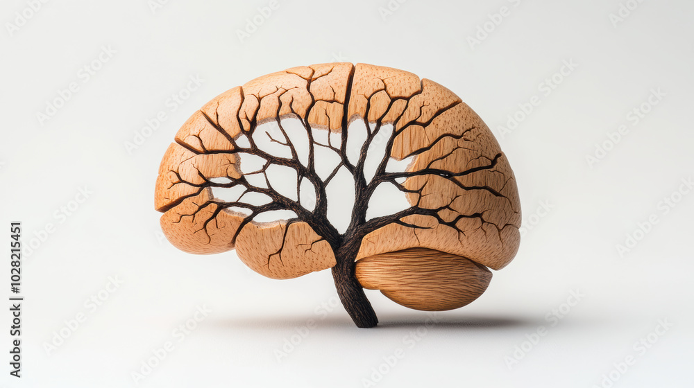 Poster wooden brain sculpture with intricate tree branches extending from it, symbolizing connection betwee
