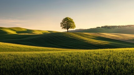Serene Green Landscape with a Solitary Tree