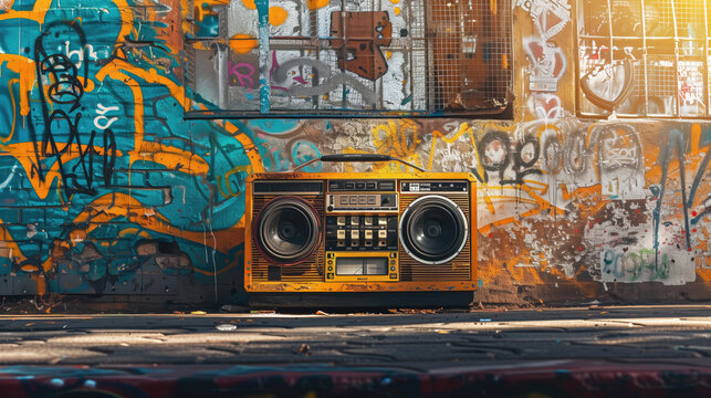 Vintage brightly colored retro 80's style tape recorder in front of a brightly painted graffiti wall.Vibe images evoke a sense of nostalgia, muse and urban culture. 80's style boombox