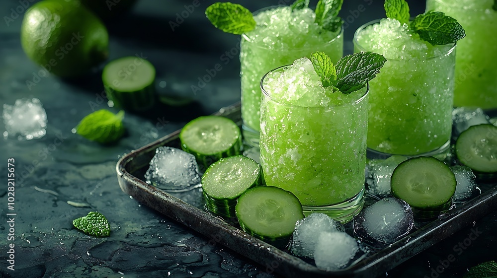 Poster mintl lime and fresh cucumber granita in glasses with fresh mint leaves and cucumber slices on a met