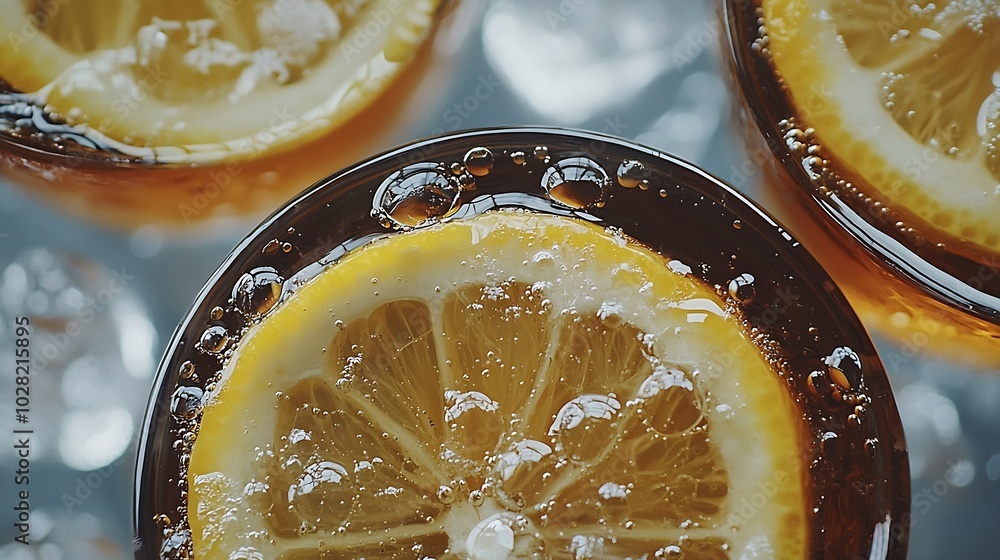 Poster Ice tea with fresh lemons Grey background Close up Top view : Generative AI