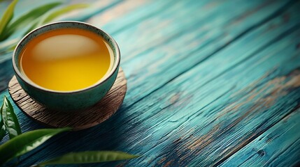 Obraz premium Cup of tea with green tea leaf Blue wooden background Copy space Top view : Generative AI