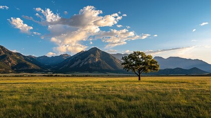 Fototapeta premium Serene Landscape with Tree and Majestic Mountains