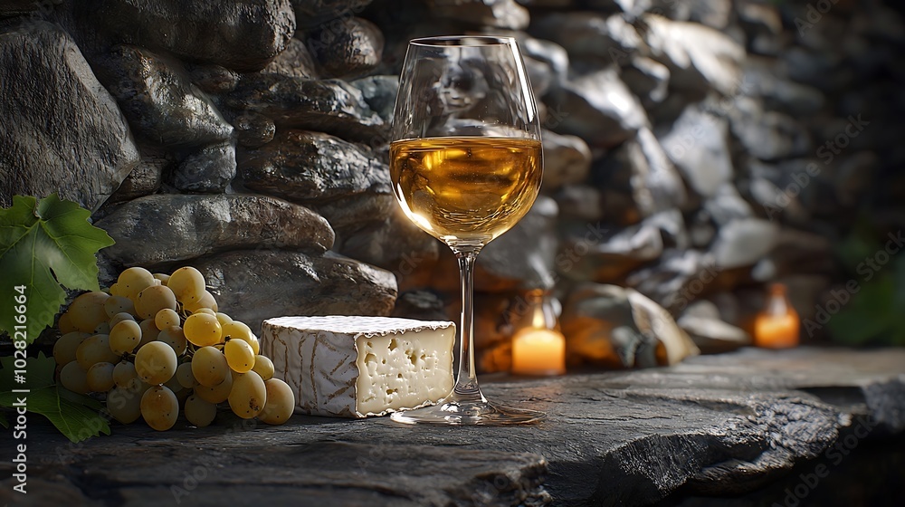 Poster Glass of white wine and assorted cheese with grape on a stone and slate backgroundCopy space : Generative AI