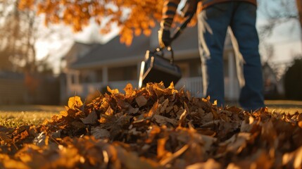Raking leaves in sunny autumn setting, man gathers fallen foliage into pile, showcasing vibrant colors of season