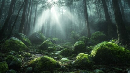 Fototapeta premium Sunbeams Through a Mossy Forest