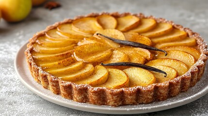 Apple tart with vanilla pod on a white plate Traditional holiday dessert Grey background : Generative AI