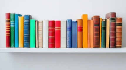 Modern colorful books on white shelves create vibrant and inviting atmosphere, perfect for any reading nook or study space. arrangement showcases variety of book colors and styles, enhancing