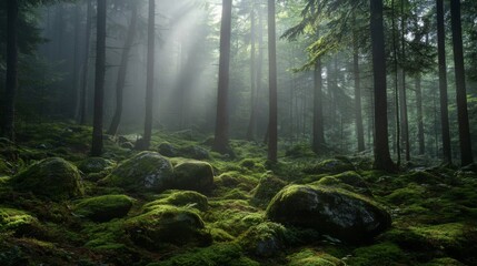 Obraz premium Sunbeams Piercing Through a Foggy Forest Floor