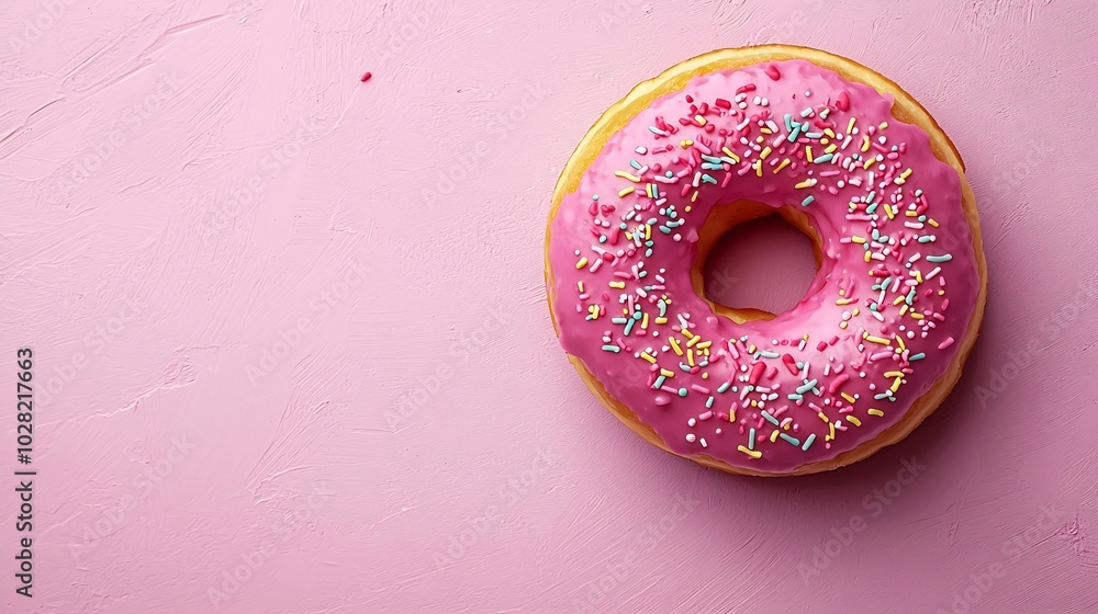 Poster donut on pink background top view copy space : generative ai