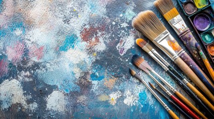Fototapeta premium Artistic flat lay with paintbrushes, watercolor sets, and a sketchbook on a textured surface, perfect for creative and artistic inspiration