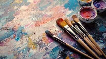 Fototapeta premium Artistic flat lay with paintbrushes, watercolors, and a sketchbook on a textured background, perfect for creative project visuals