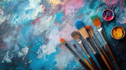 Fototapeta premium Artistic flat lay with paintbrushes, watercolors, and a sketchbook on a textured background, perfect for creative project visuals