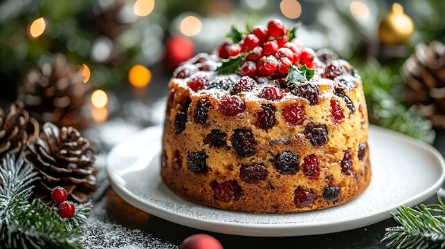 Christmas fruit cake pudding on white plate Christmas decoration Copy space : Generative AI