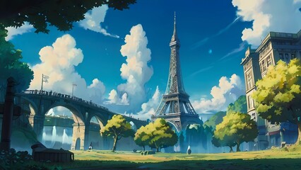 ゲーム背景　パリのエッフェル塔イメージした塔が見える公園風景