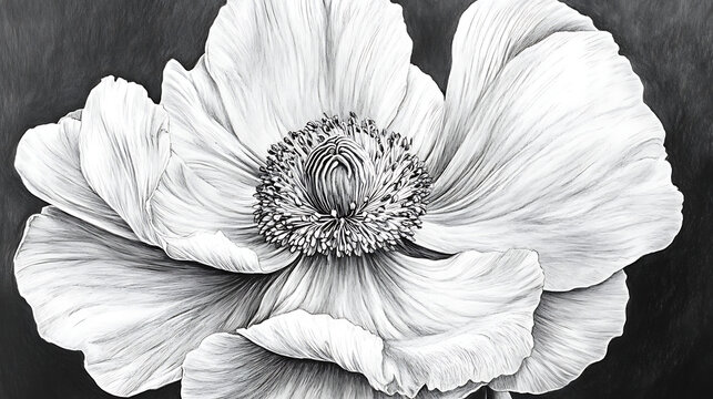 Monochrome botanical drawing of a blooming flower, with sharp contrast between the petals and background, creating a striking visual effect 