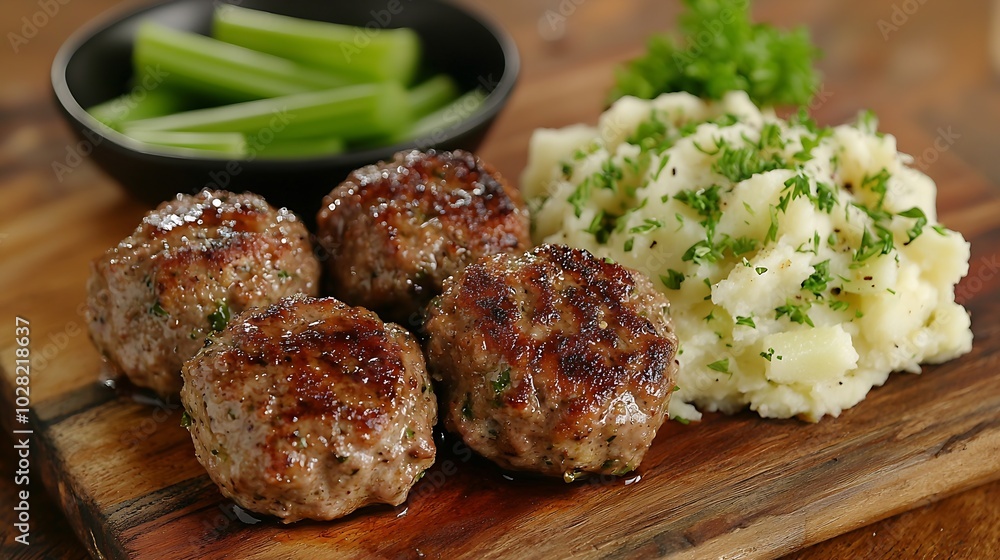 Poster meatballs duck meat with apple sauce and mashed celery potato on a wooden background : generative ai